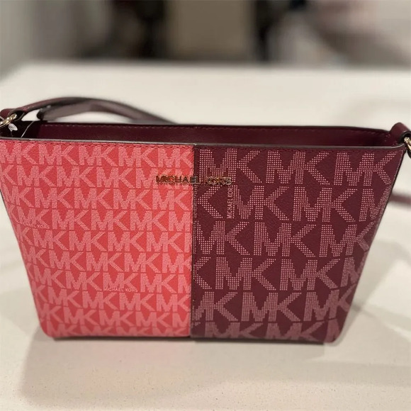 Michael Kors Jet Set Travel Small Crossbody Bag Oxblood Multi Logo - Picture 1 of 5